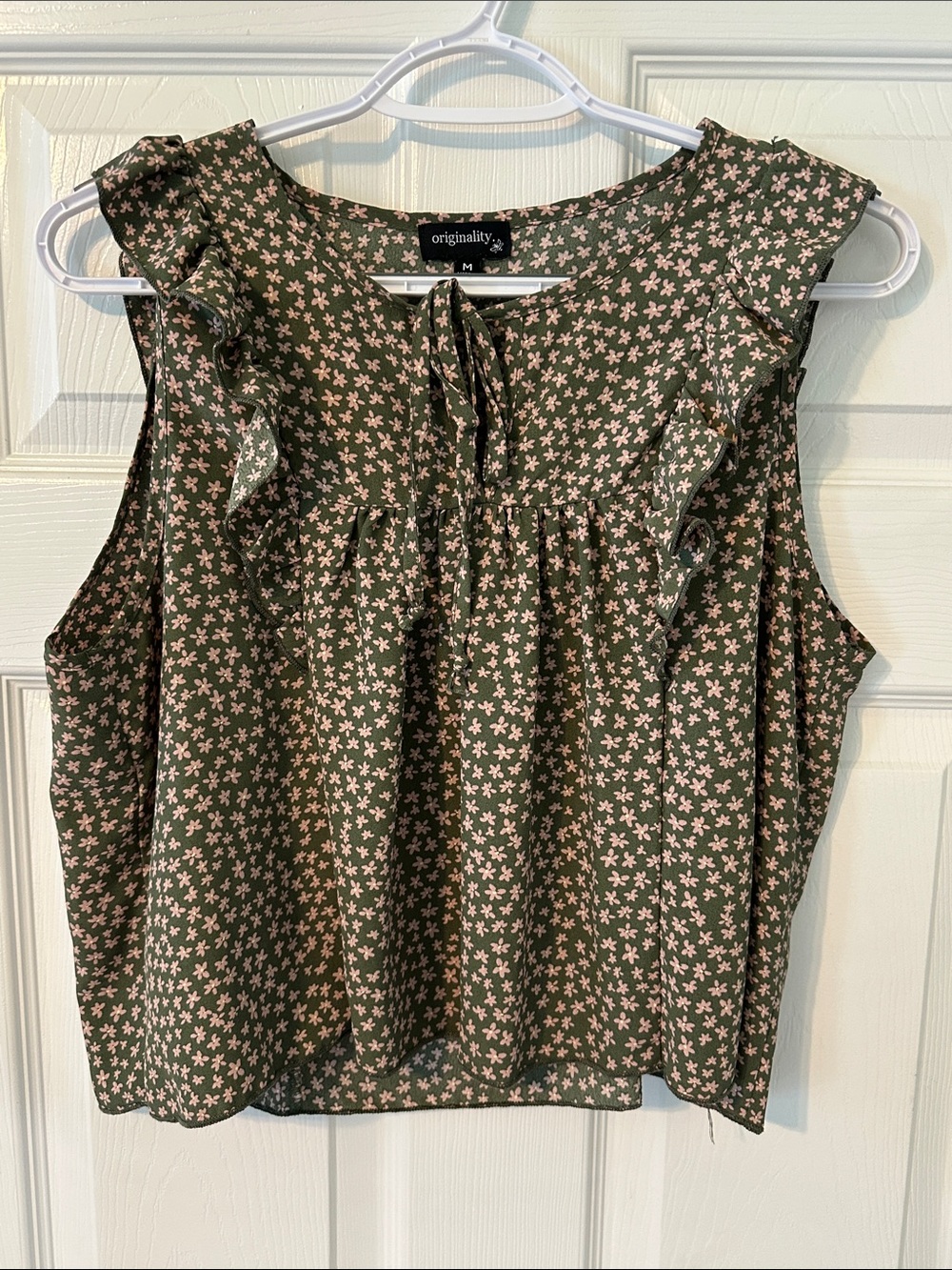 Olive Green Floral Ruffle Sleeveless Top (M)